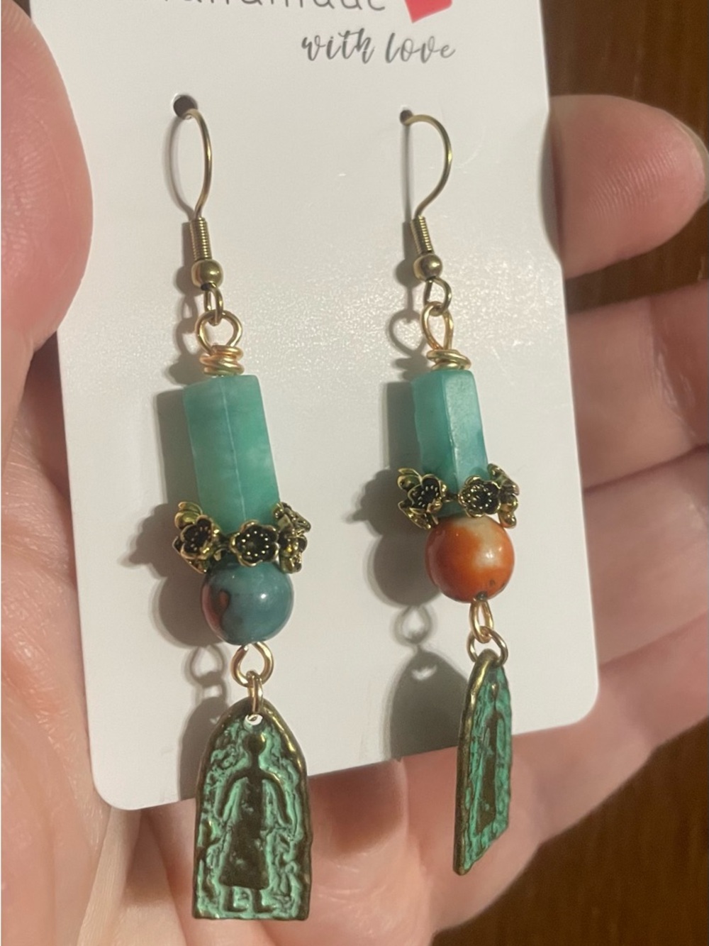 Handmade Turquoise & Orange Dangle Earrings with Gold Accents - Picture 3 of 9
